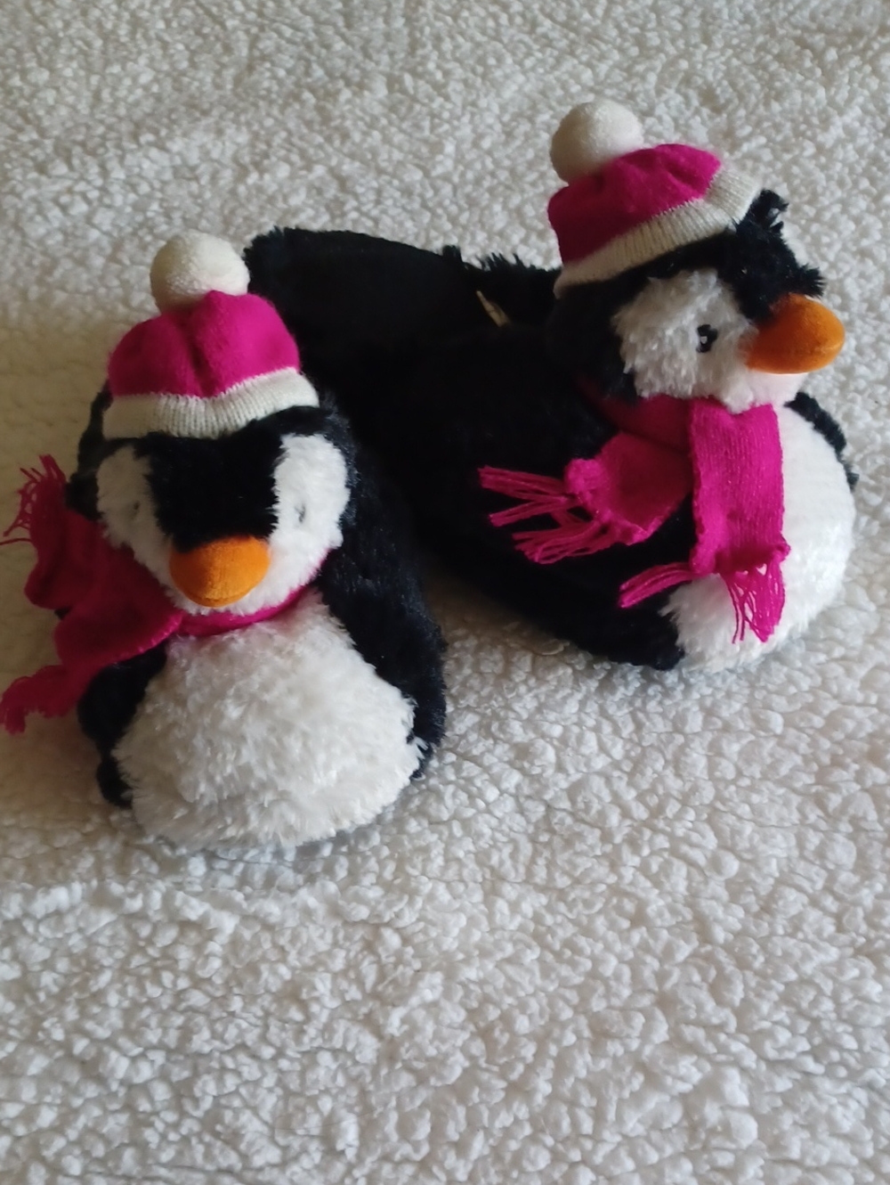 Women's Plush Penguin Slippers in Hot Pink and Black